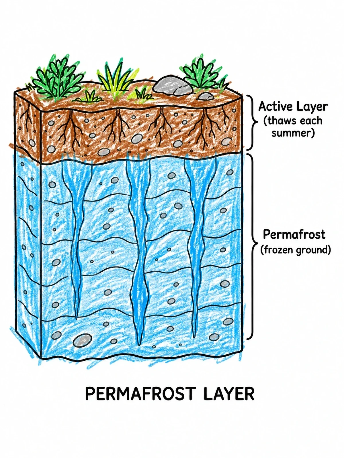 Colored example of the Permafrost Layer Soil Cross Section coloring page