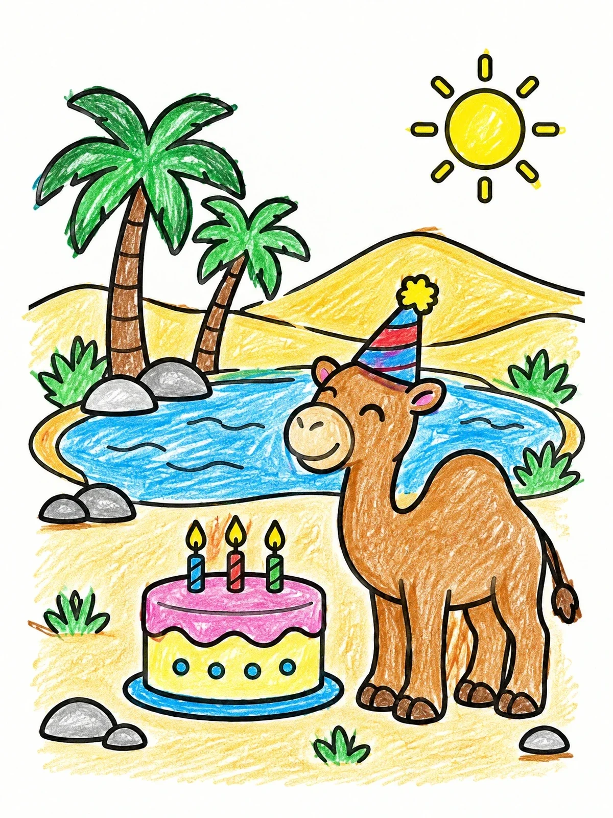 Colored example of the Camel Birthday Party In Desert Oasis coloring page