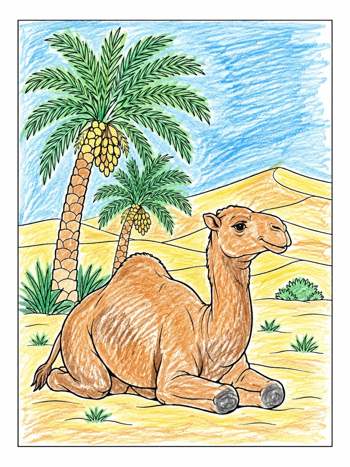 Colored example of the Camel Resting Near Desert Palms coloring page
