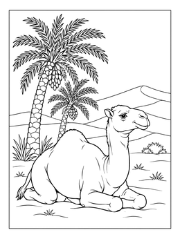 A dromedary camel rests by date palms in this tunisia coloring page.