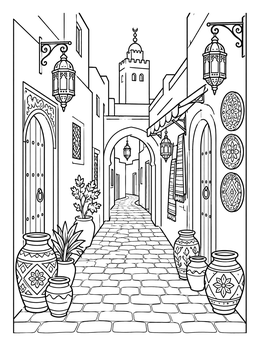 A peaceful tunisia coloring page showing a stone alley lined with ornate pottery, lanterns, and a minaret.