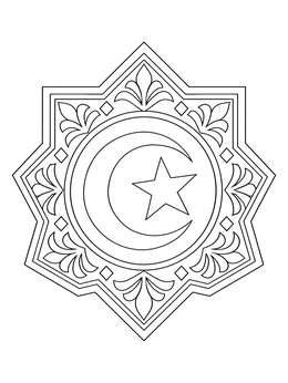 A decorative geometric tunisia coloring page with a star and crescent emblem.