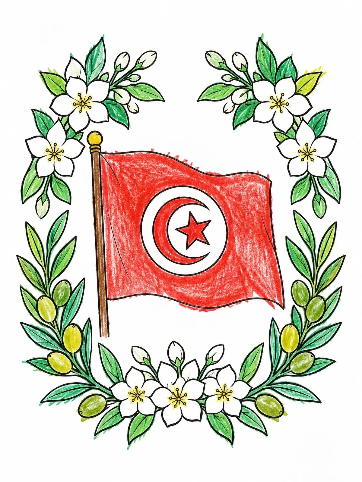 Colored example of the Tunisian Flag With Floral Wreath coloring page