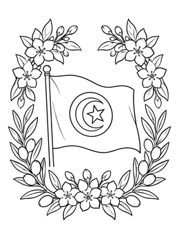 Free printable Tunisian Flag With Floral Wreath coloring page