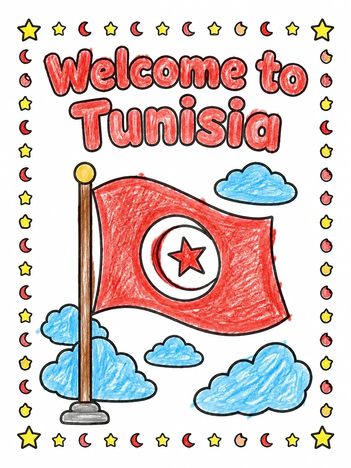 Colored example of the Welcome To Tunisia Flag And Clouds coloring page