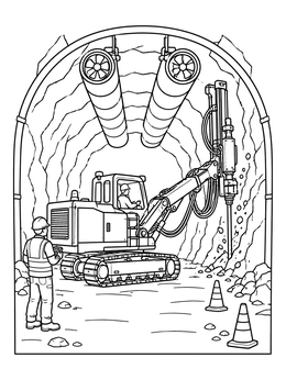 A tunnel drill rig excavating rock in this construction coloring page.