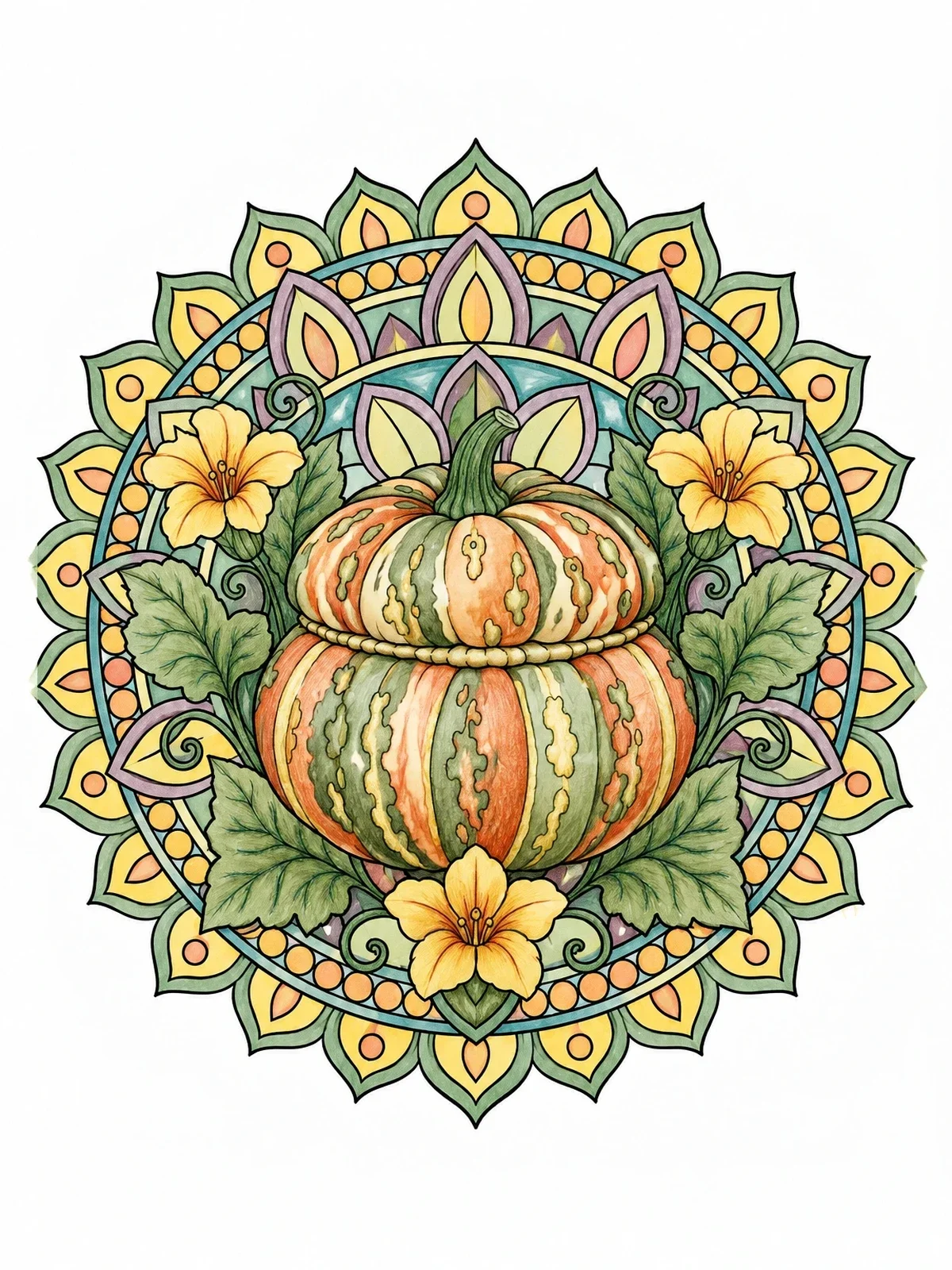 Colored example of the Turban Squash Mandala coloring page