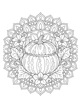 An intricate turban squash coloring page set inside an ornate floral mandala frame.