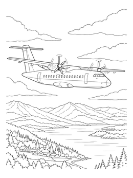 A detailed airplane coloring page showing a turboprop passenger plane soaring over mountains and a lake.