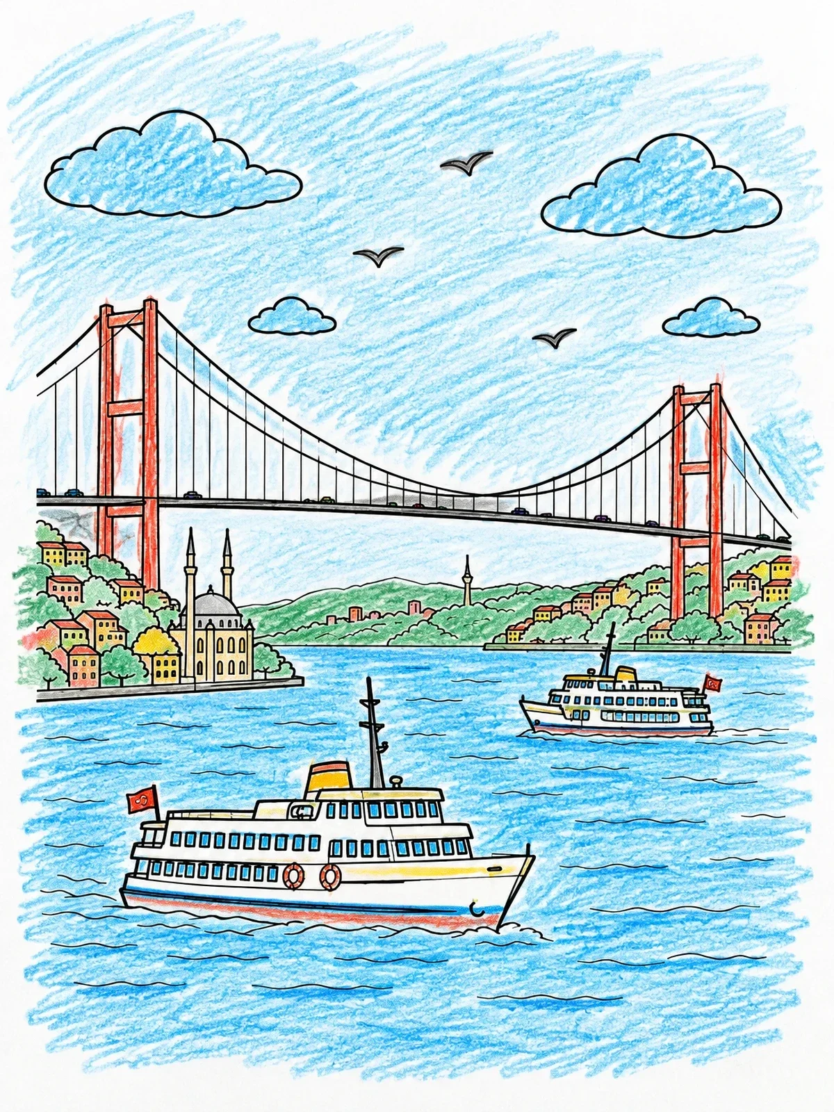 Colored example of the Bosphorus Bridge With Ferries In Istanbul coloring page
