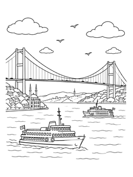 Free printable Bosphorus Bridge With Ferries In Istanbul coloring page