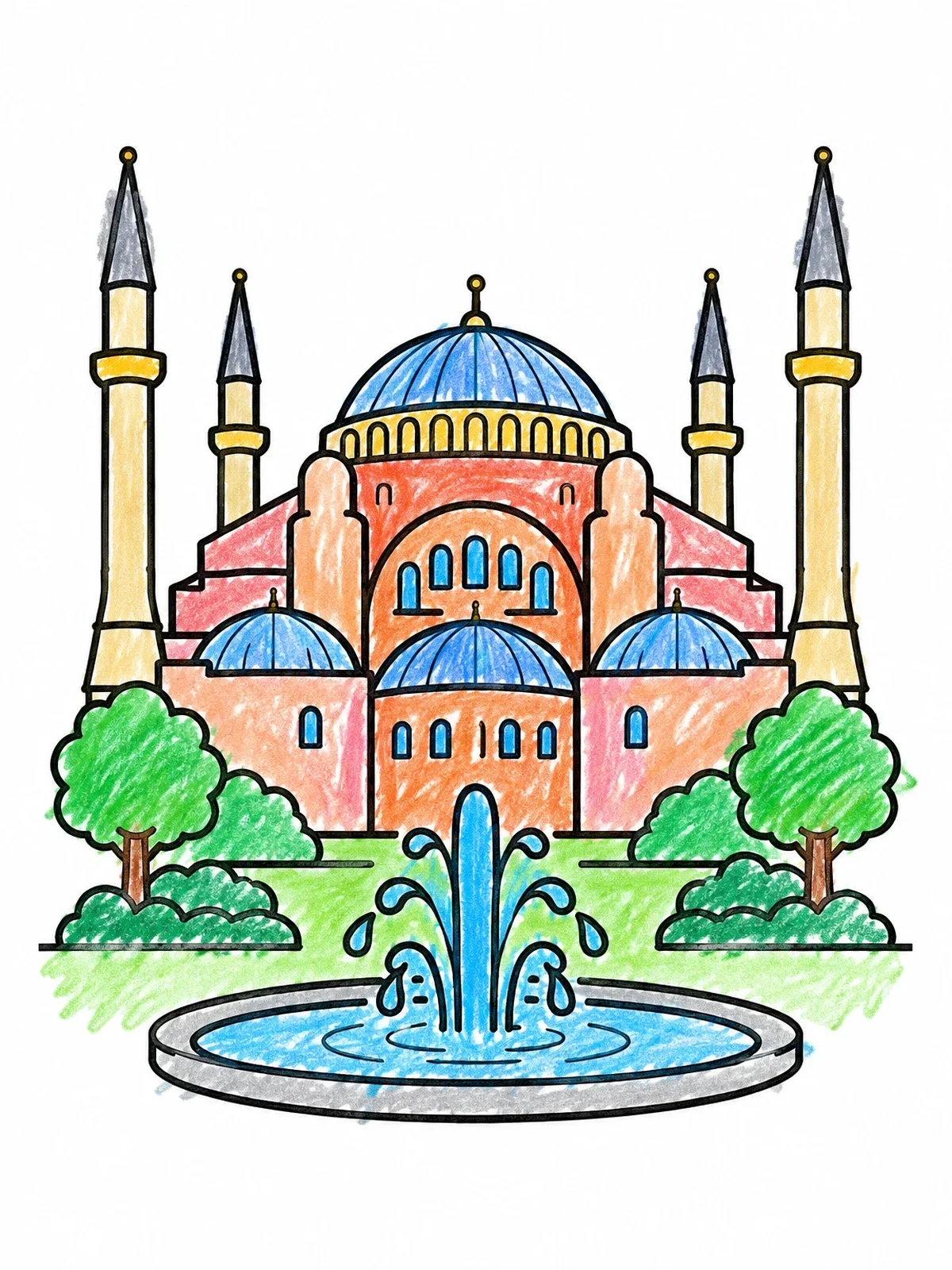 Colored example of the Hagia Sophia And Courtyard Fountain coloring page