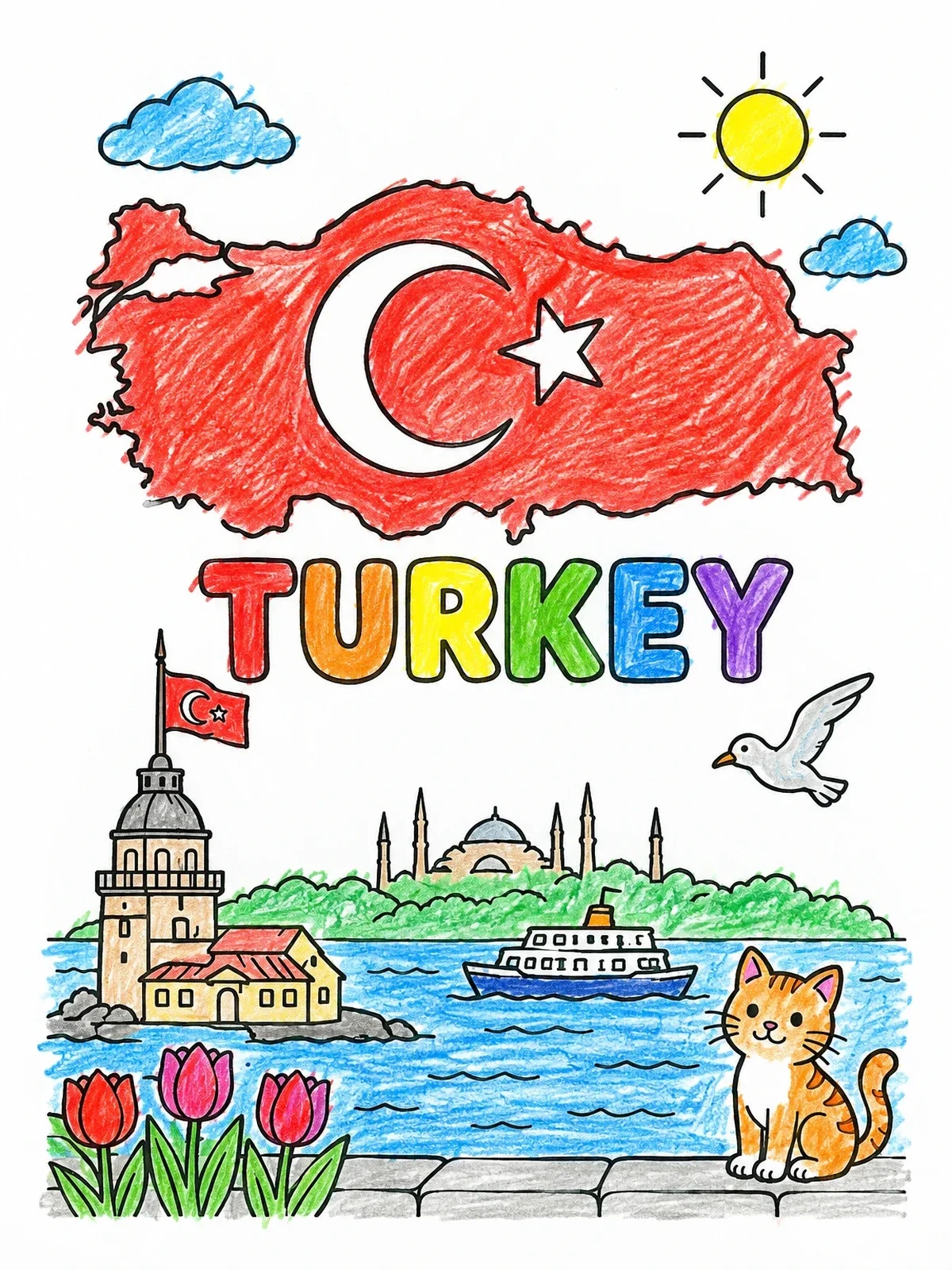 Colored example of the Turkey Map And Istanbul Waterfront coloring page