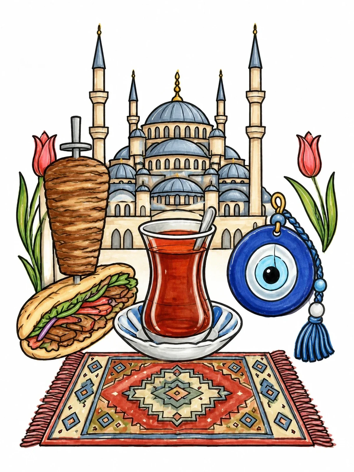 Colored example of the Turkish Cultural Symbols Collage coloring page