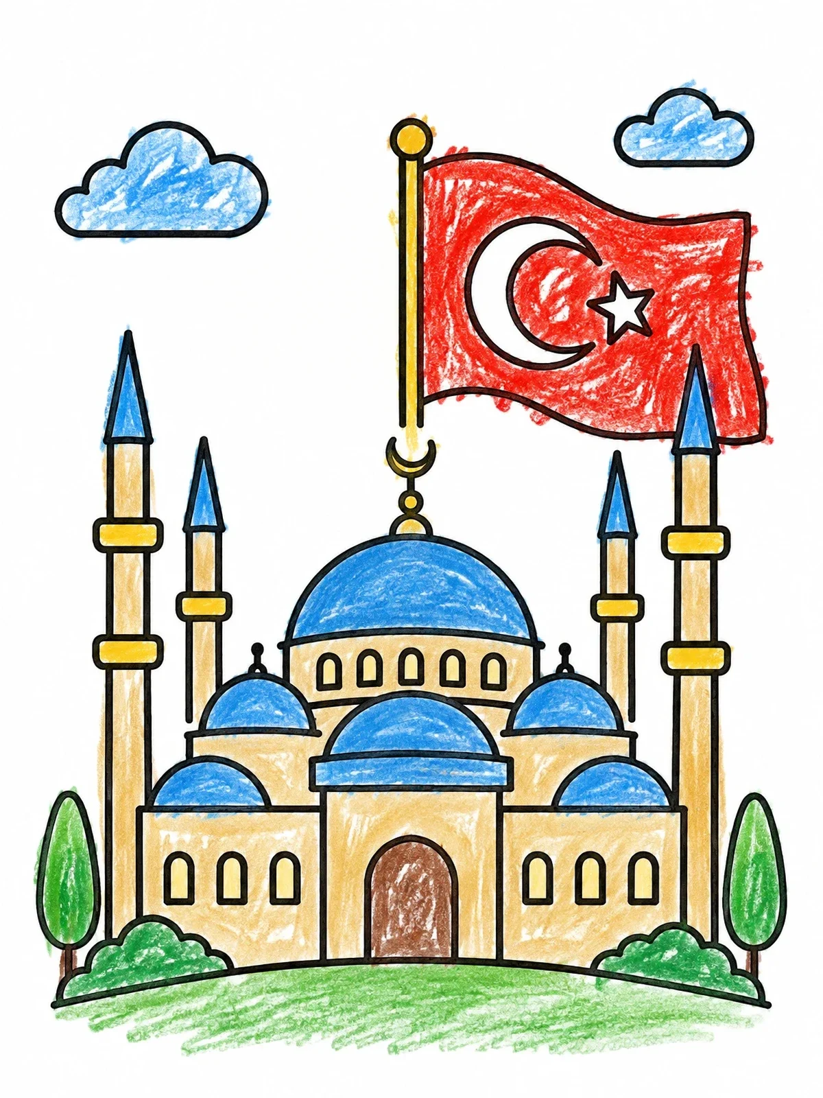 Colored example of the Turkish Mosque And Flag coloring page