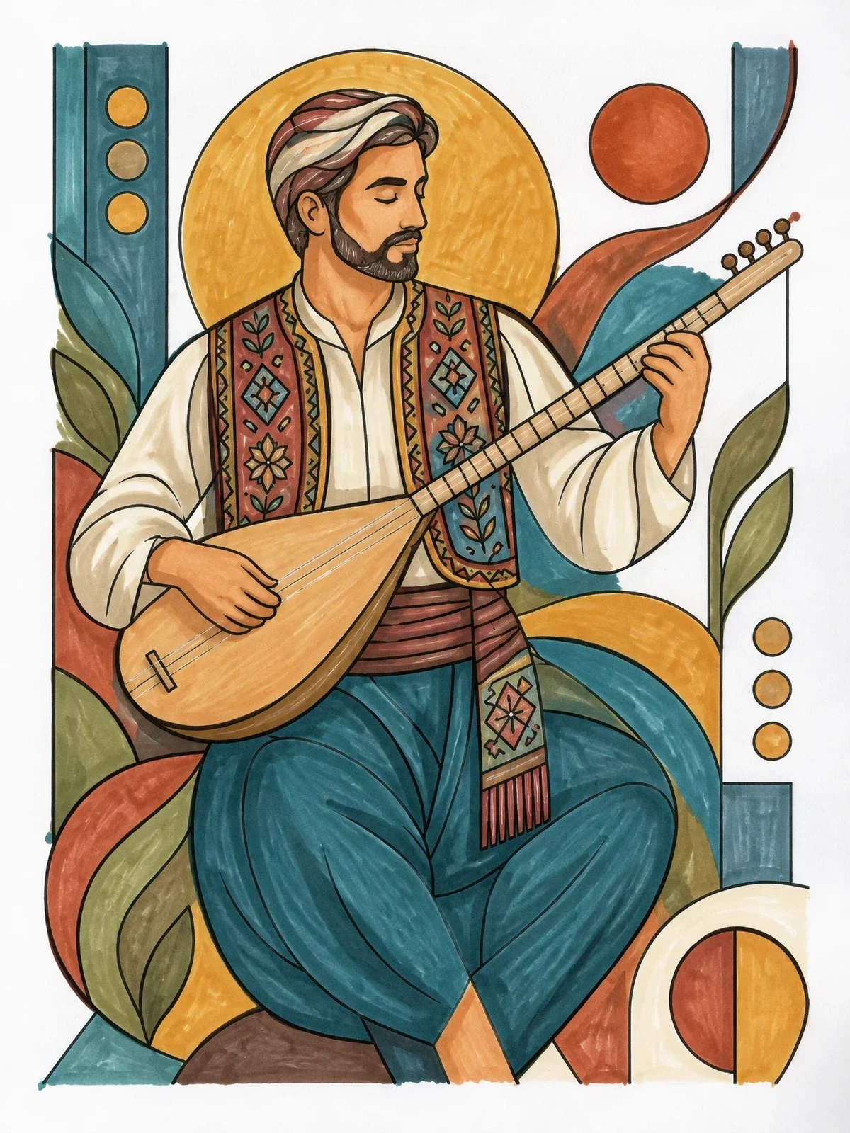 Colored example of the Traditional Musician Playing The Turkish Baglama coloring page