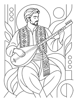 A musician plays the baglama on this turkey country coloring page featuring ornate patterns.