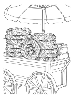 Stacks of fresh sesame simit breads on a street cart in this turkey country coloring page.