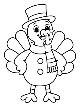 A cute turkey coloring page showing a bird dressed as a snowman with a top hat.