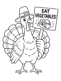 A turkey coloring page with a pilgrim hat holding an Eat Vegetables sign.