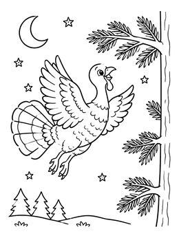 A cheerful bird in flight on this turkey coloring page beneath the night sky.