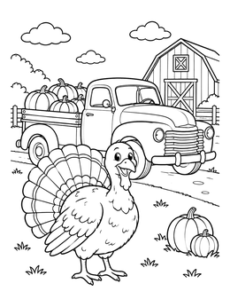 A happy turkey standing near pumpkins and a pickup truck in this farm coloring page.