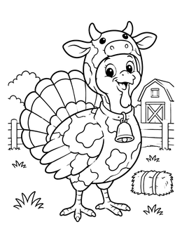 A playful turkey coloring page showing a turkey wearing a spotted cow costume with a bell.