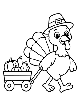 A cheerful turkey coloring page showing the bird pulling a wagon filled with pumpkins.