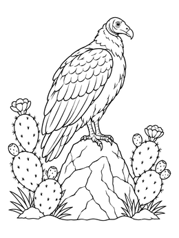 A detailed turkey vulture coloring page perched on a rocky desert outcrop with prickly pear cacti.