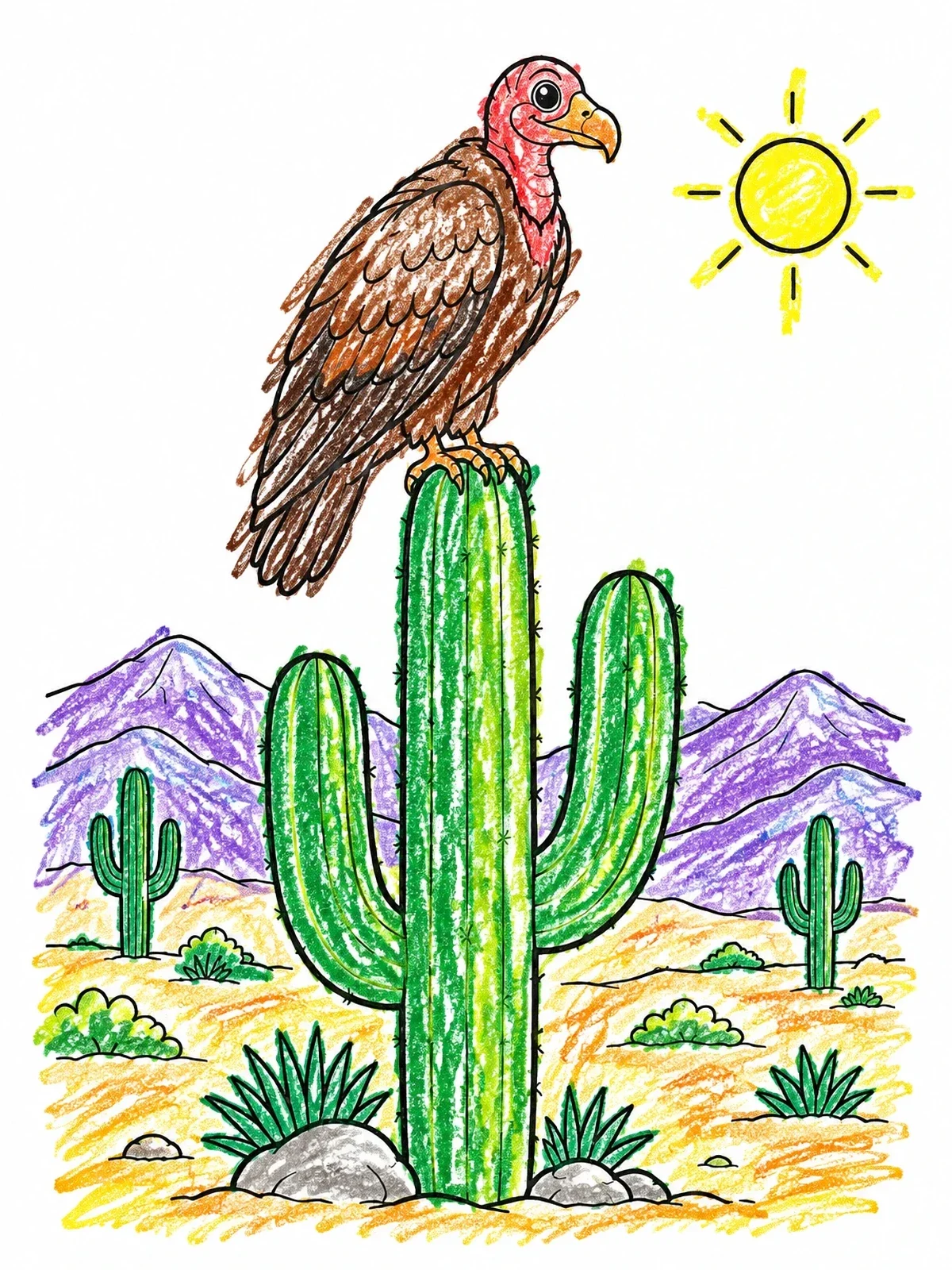 Colored example of the Turkey Vulture On Desert Saguaro coloring page