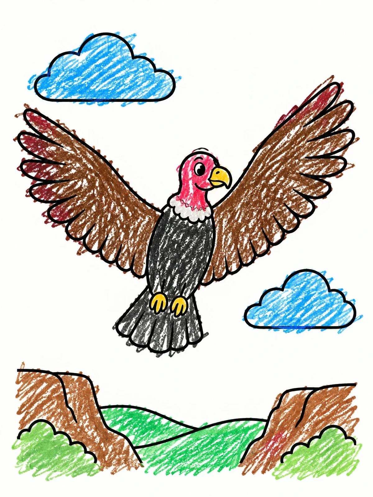 Colored example of the Cartoon Turkey Vulture Flying High coloring page