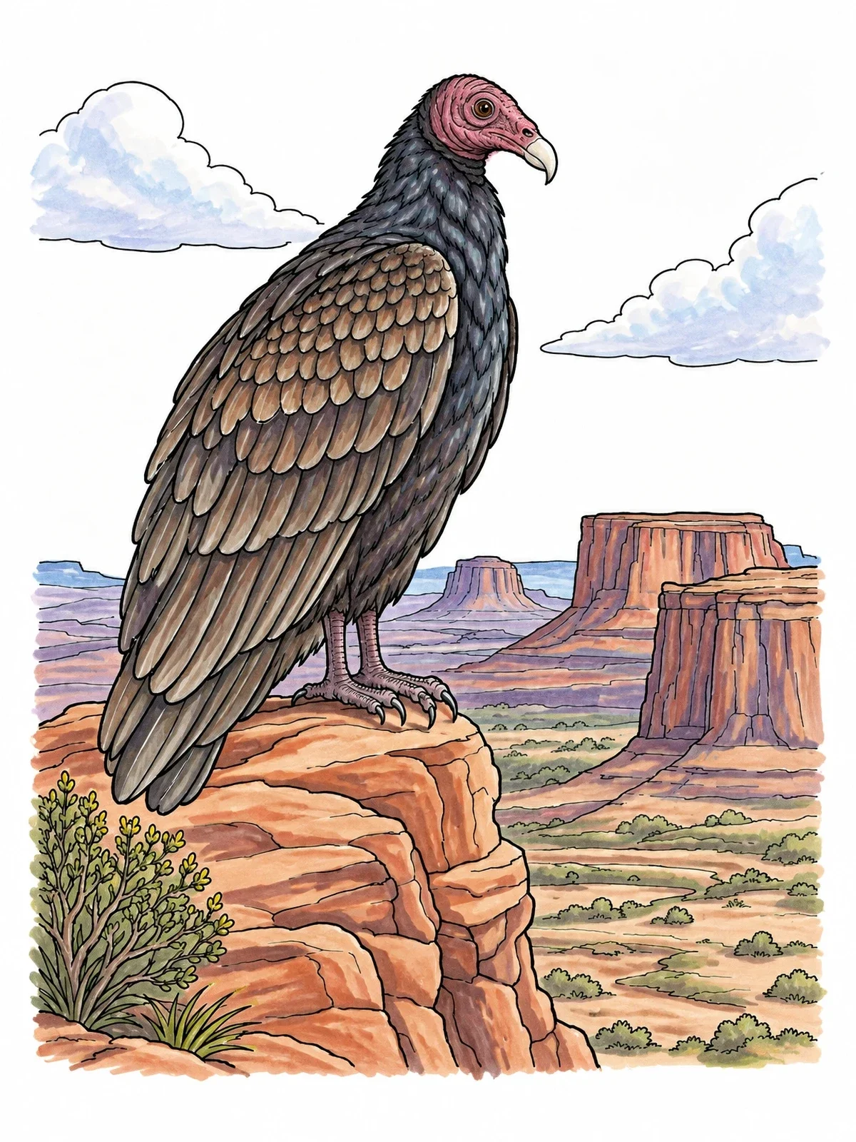 Colored example of the Turkey Vulture Over Desert Plateaus coloring page