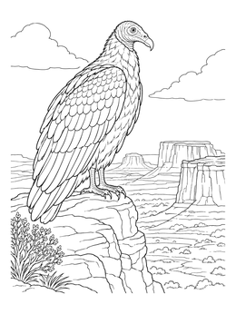 A detailed turkey vulture coloring page showing the bird perched on a high cliff overlooking desert mesas.