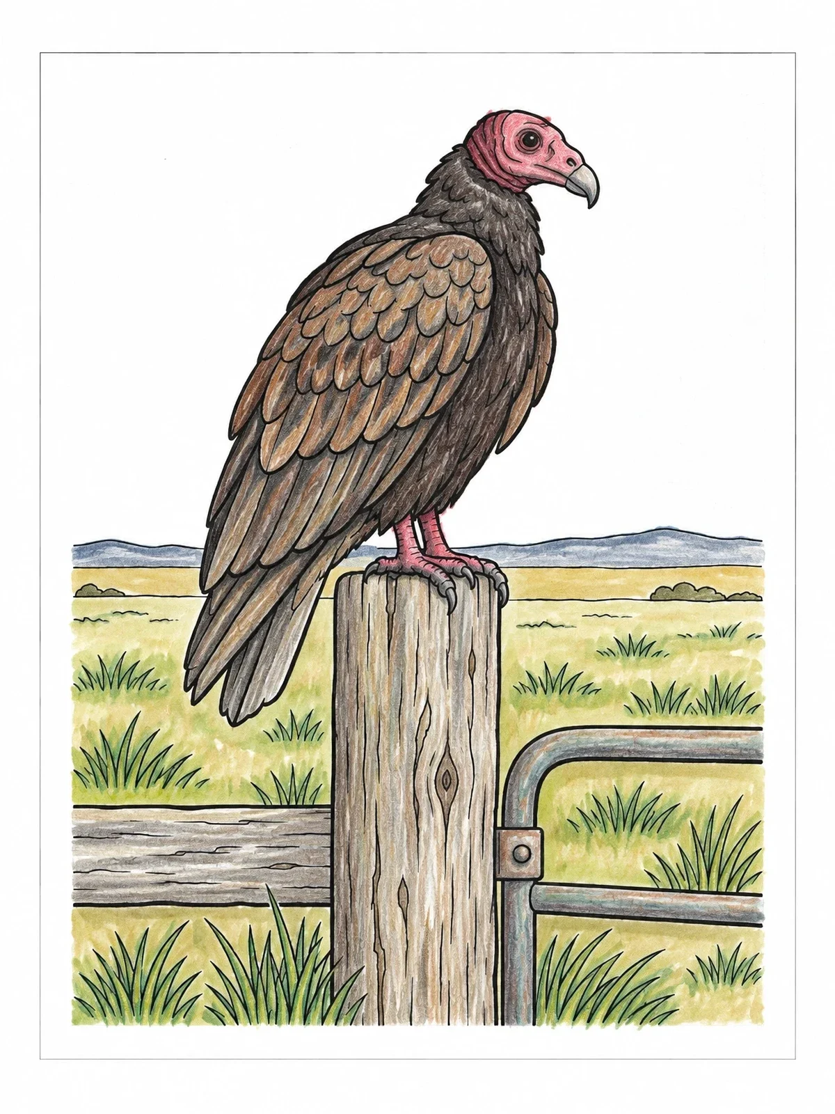 Colored example of the Perched Turkey Vulture On Ranch Post coloring page