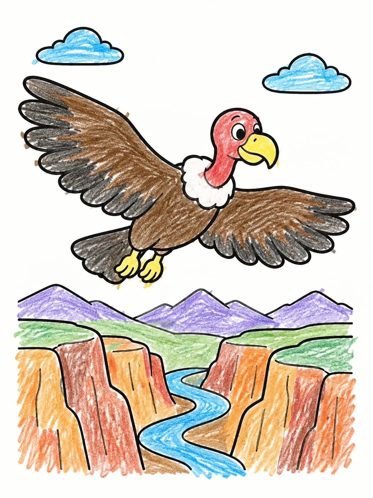 Colored example of the Vulture Gliding Over A Canyon coloring page