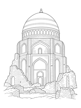 Ancient domed mausoleum amid historic brick ruins in this turkmenistan coloring page.