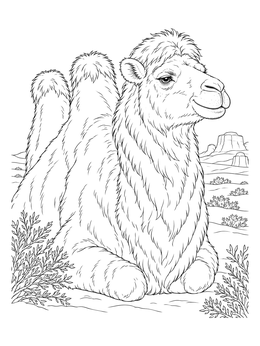 Resting Bactrian camel features in this turkmenistan coloring page with desert plateaus.