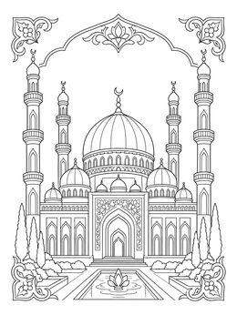 A magnificent grand mosque is shown in this detailed turkmenistan coloring page.