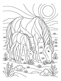 A mare and her foal grazing on steppe vegetation in this turkmenistan coloring page.
