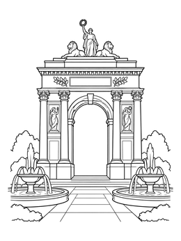 A grand neoclassical archway with statues and fountains on this turkmenistan coloring page.
