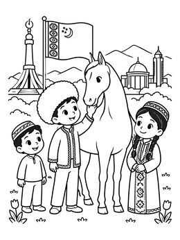 Free printable Turkmen Children With Akhal Teke Horse coloring page
