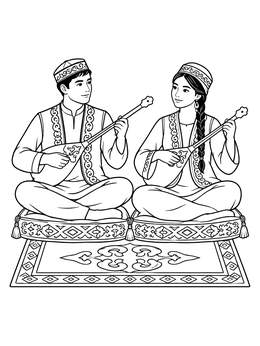 Free printable Turkmen Musicians Playing The Dutar coloring page