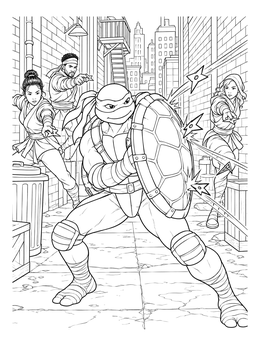 A heroic ninja coloring page featuring a mutant turtle blocking flying stars with a shell shield in an alley.