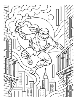 A heroic mutant turtle leaps through the city skyline in this dynamic ninja coloring page.