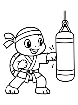 A cheerful turtle in a martial arts uniform punches a punching bag in this ninja coloring page.