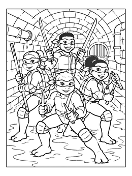 Four friendly turtle heroes pose in this ninja coloring page set in a sewer tunnel.