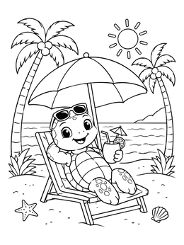 A cute cartoon turtle drinks juice on a lounger in this beach coloring page with palm trees.