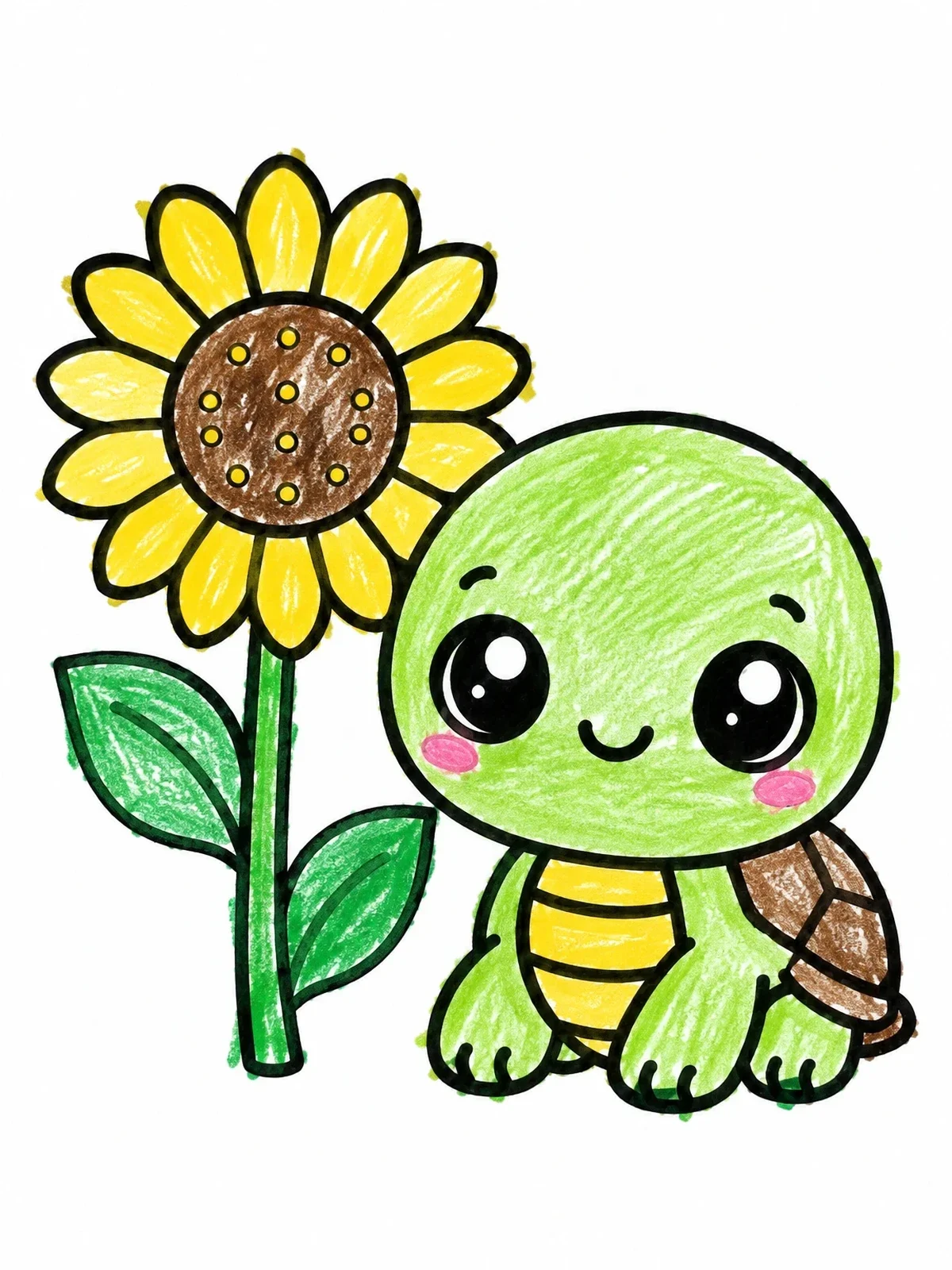 Colored example of the Cute Baby Turtle With Sunflower coloring page