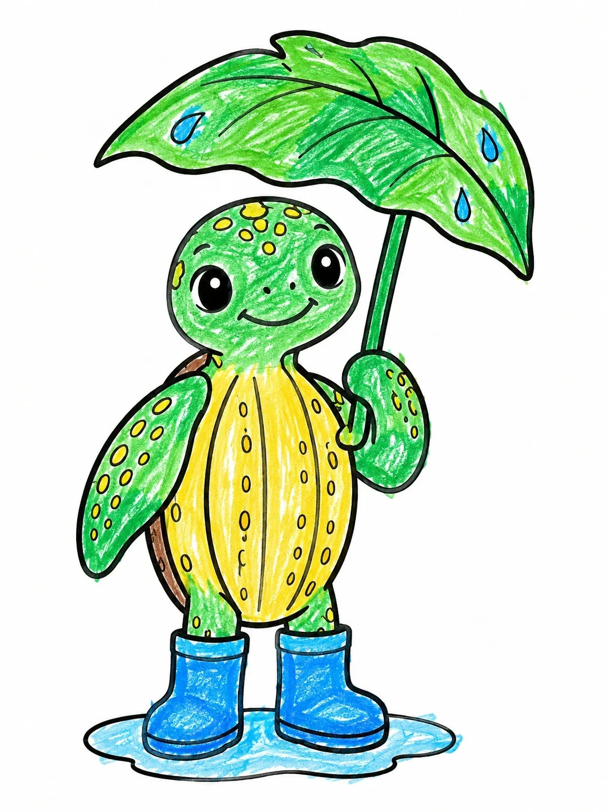 Colored example of the Cute Turtle With Leaf Umbrella coloring page