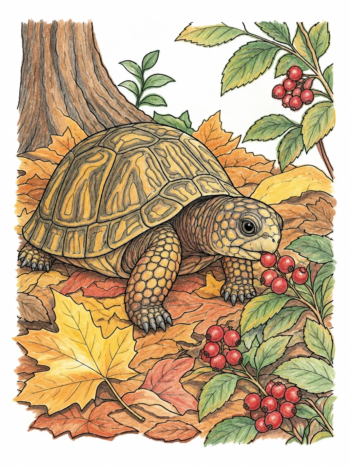 Colored example of the Box Turtle Foraging Autumn Berries coloring page